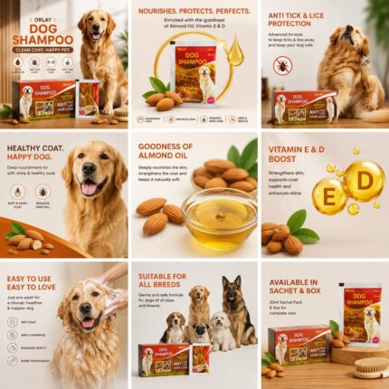 orlay medicated anti tick & lice dog shampoo value pack – 12 + 1 free sachets with almond oil & vitamin e