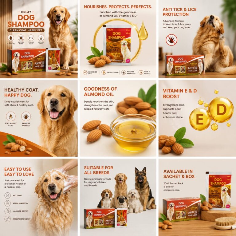 orlay medicated anti tick & lice dog shampoo value pack – 12 + 1 free sachets with almond oil & vitamin e