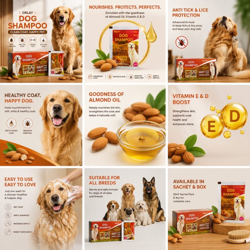 orlay medicated anti tick & lice dog shampoo value pack – 12 + 1 free sachets with almond oil & vitamin e